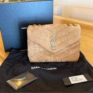 Saint Laurent Beige Suede Chevron YSL Chain Shoulder Bag